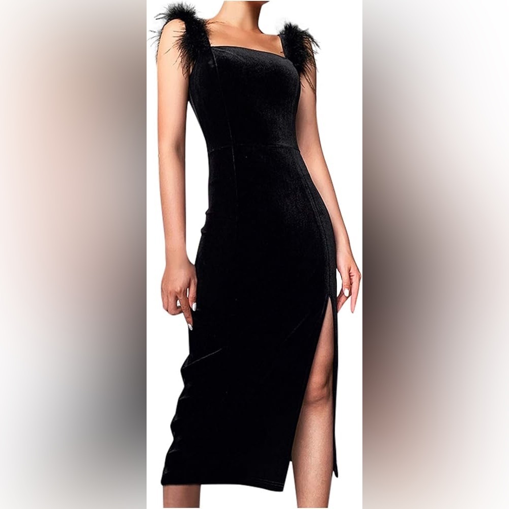 Velvet velour feather boa trim strap midi dress nwot - Picture 2 of 3